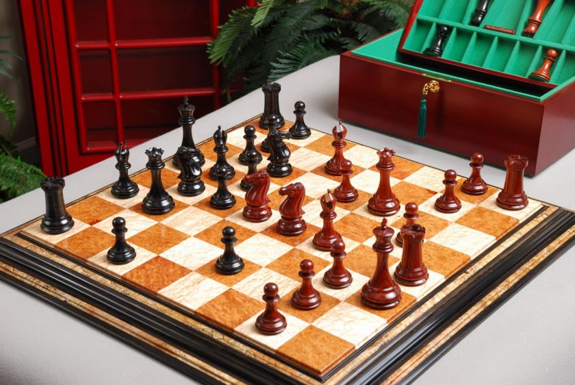 The Collector Series Prestige Chessmen are shown on our Red Amboyna 