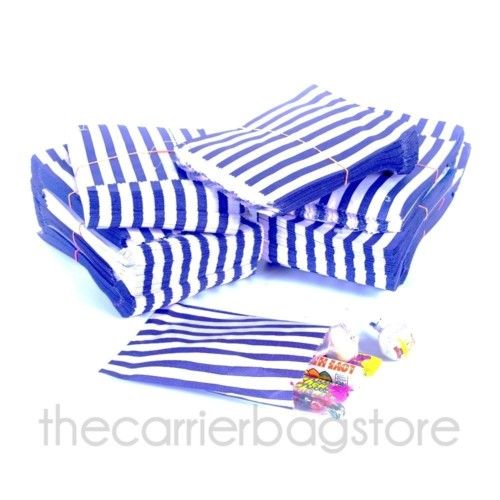 Candy Stripe Paper Bag, Blue and White, 100 PK  
