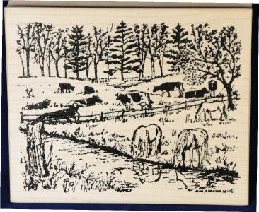 Northwoods rubber stamp Horses Cows Pasture Stream  