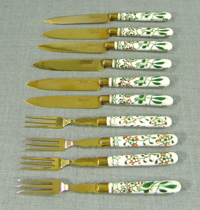 ANTIQUE GERMAN FRUIT KNIFE FORK FLATWARE SET PORCELAIN HANDLES BIRDS 