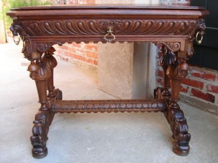 Antique English Victorian Carved Dolphin Oak Library Table Desk 