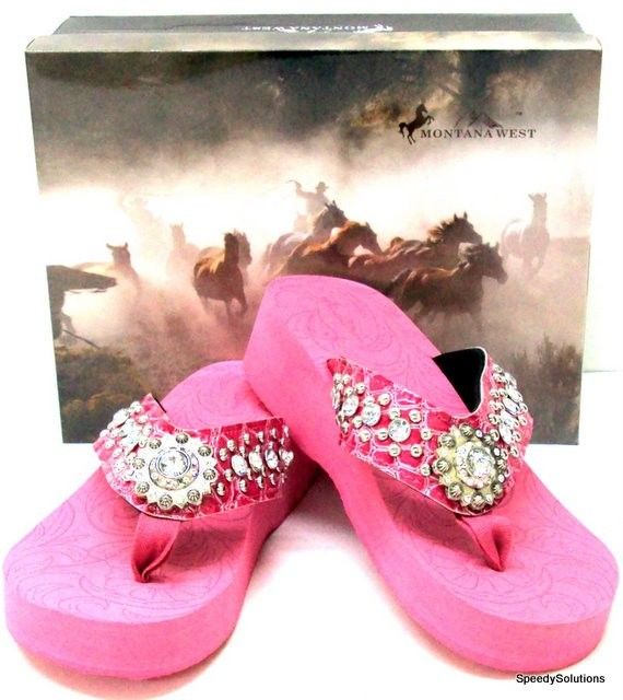 Pink Western Rhinestone Jewel Bling Flip Flops Sandals  