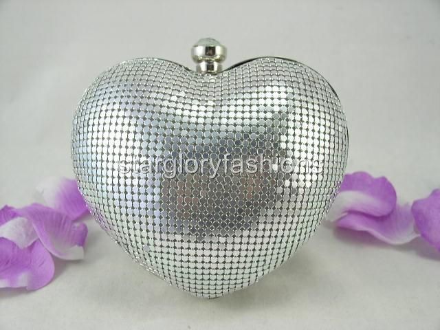 Silver Metallic Wedding Solid Handbag Purse Love Heart MEC 01152