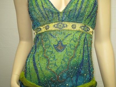 Sue Wong Peacock Blue Green Beaded Dress Gown Dress 6  