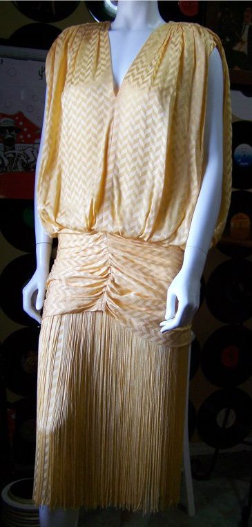 80s/20s XS S Blouson Flapper Fringe Coffin Draped Dropped Waist Dress 