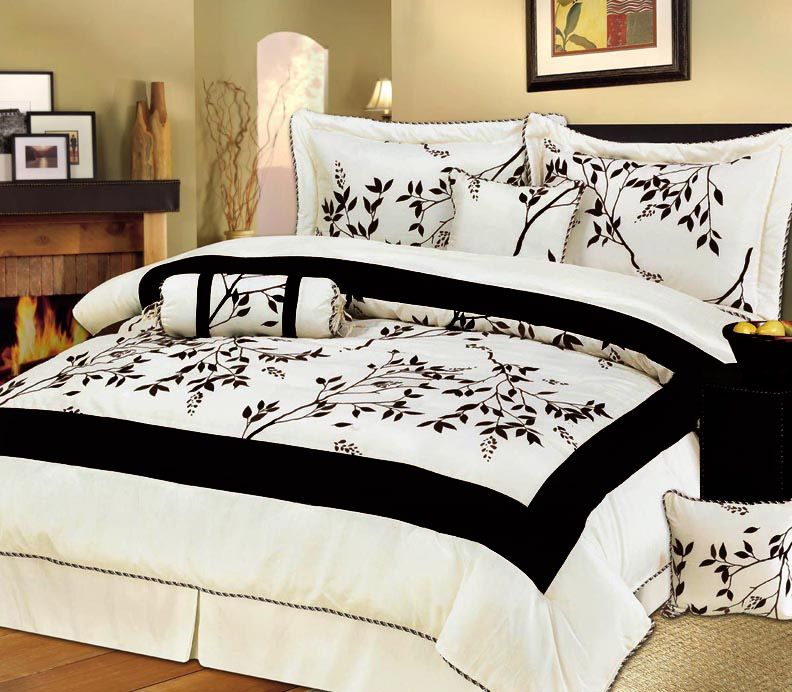 7P Beige Bamboo Branch COMFORTER SET BED IN A BAG Queen  